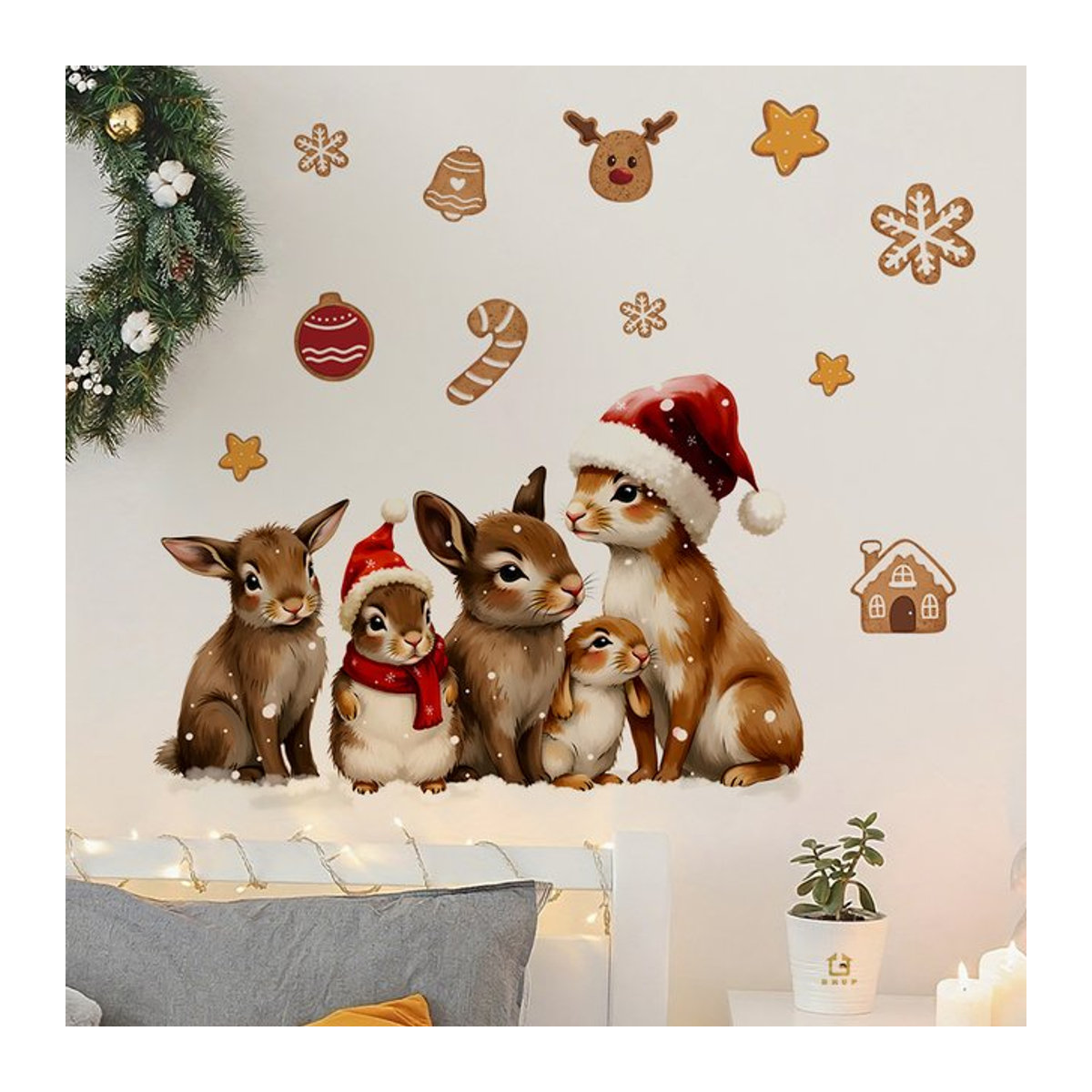 BRUP Weihnachts-Wandaufkleber Kaninchenfamilie im Lebkuchen-Design, mehrfarbig, selbstklebend und abnehmbar für Kinderzimmer, Wohnzimmer oder Café - Bild 1