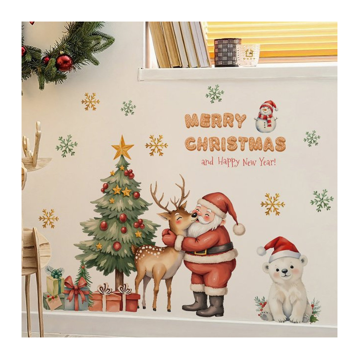 BRUP Weihnachts-Wandtattoo mit Weihnachtsmann und Rentier, mehrfarbig, unregelmäßige Form für die Wanddekoration in Wohnzimmer oder Kinderzimmer - Bild 1