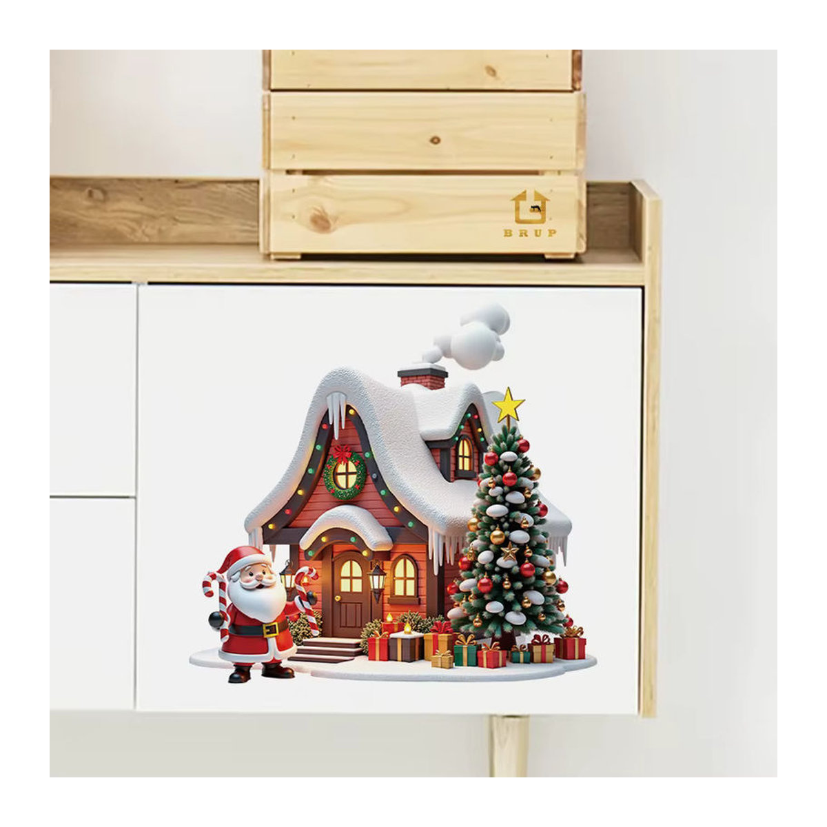 BRUP Weihnachtsmann Schneehäuser Wandtattoo aus PVC für Weihnachten, mehrfarbig und abnehmbar - Bild 1
