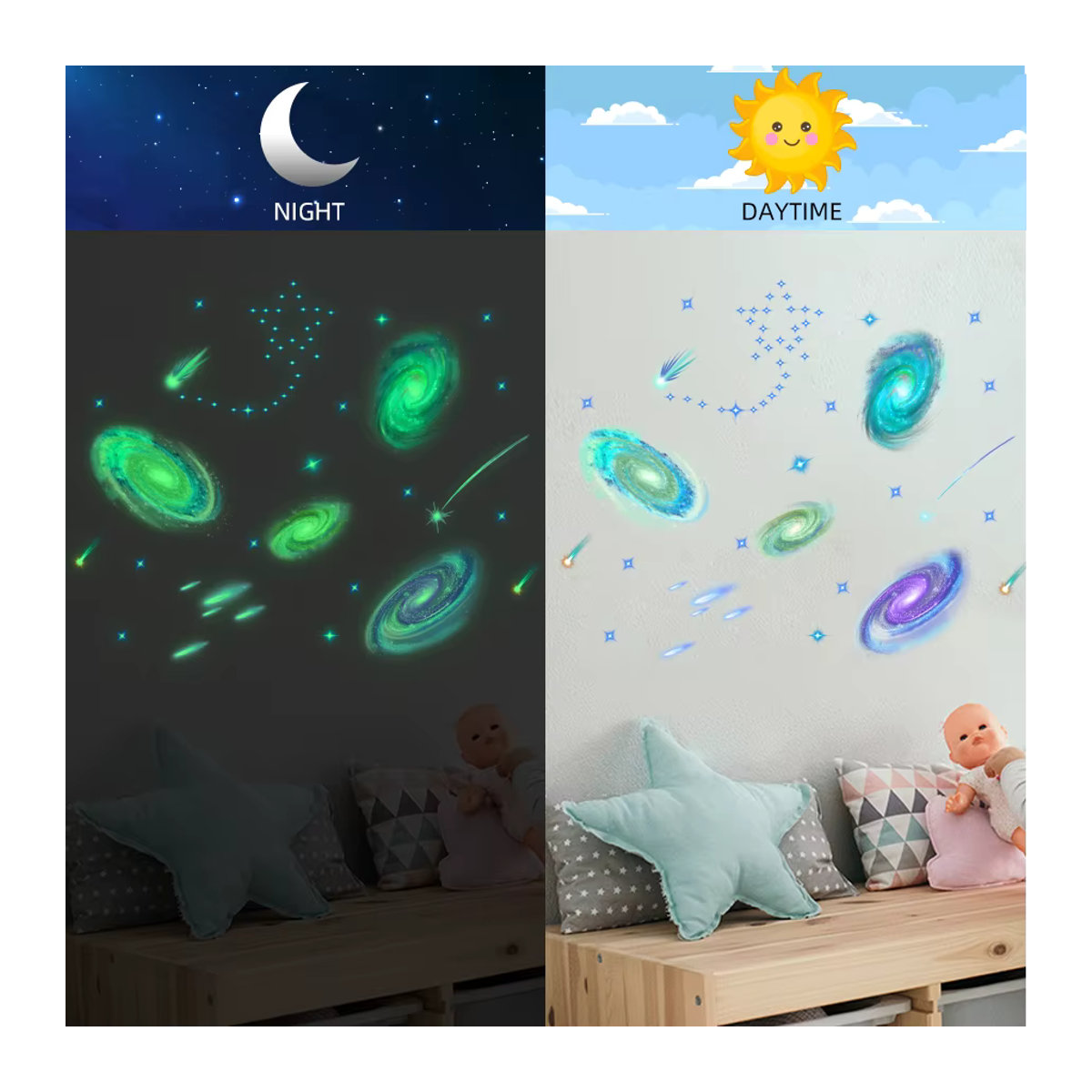 BRUP Weltraum-Wandaufkleber für Kinderzimmer, grün, im Dunkeln leuchtende Astronomie-Raumdekoration mit Sonnensystem-Motiv - Bild 2