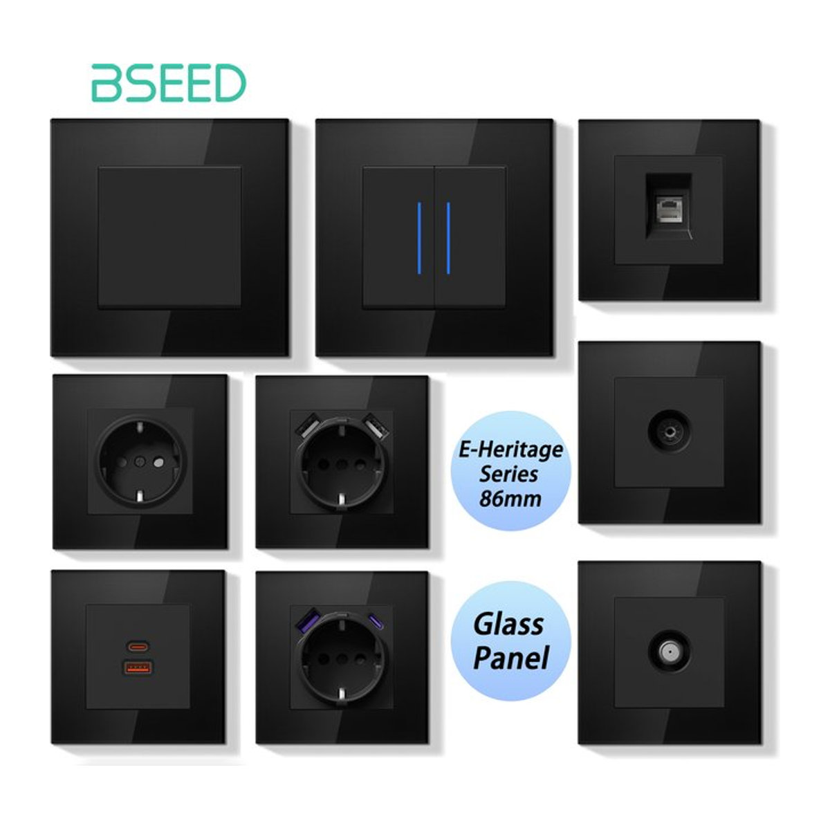 BSEED E Serie Glas Panel Lichtschalter und Steckdose in Schwarz, modern und quadratisch - Bild 1