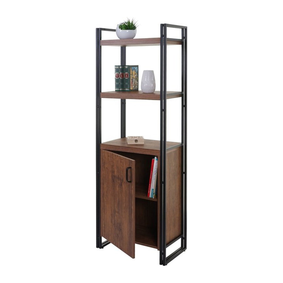 Bücherregal MCW-A27 in Wildeiche-Optik mit Staufach und Tür im Industrial-Design, Braun, Breite: 165 cm, Tiefe: 55 cm - Bild 1