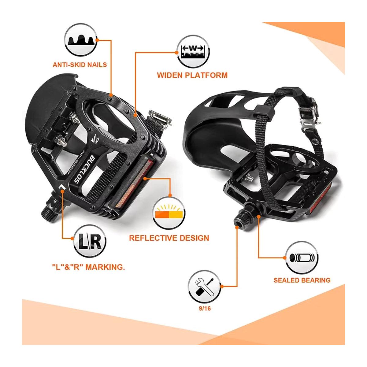 BUCKLOS PD-B329T Indoor Spinning Bike Pedale mit Zehenclip in Schwarz, 9/16 Zoll Mountainbike Pedal für dein Heimtraining - Bild 2