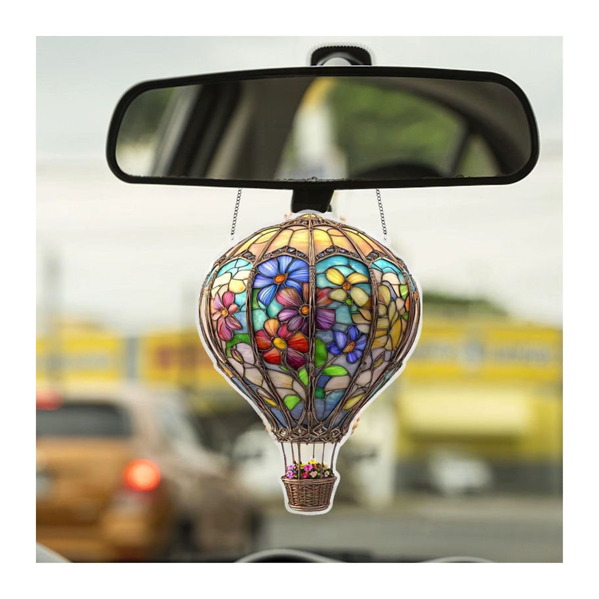 Bunte 2D Heißluftballon Anhänger aus Acryl und Glas als dekorative Laternen-Dekoration mit floralem Design und Schnur in Mehrfarbig - Bild 2