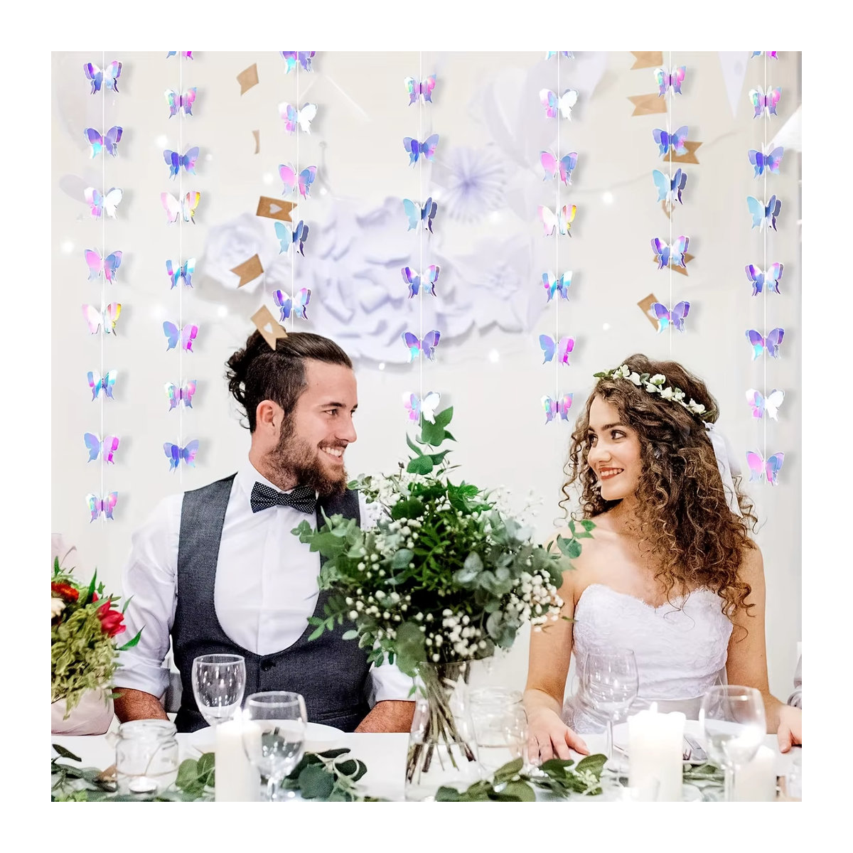 Bunte 3D Schmetterlinge und Blumen als hängende Dekoration aus Papier, 3 m Länge, mehrfarbig und silber - Bild 3