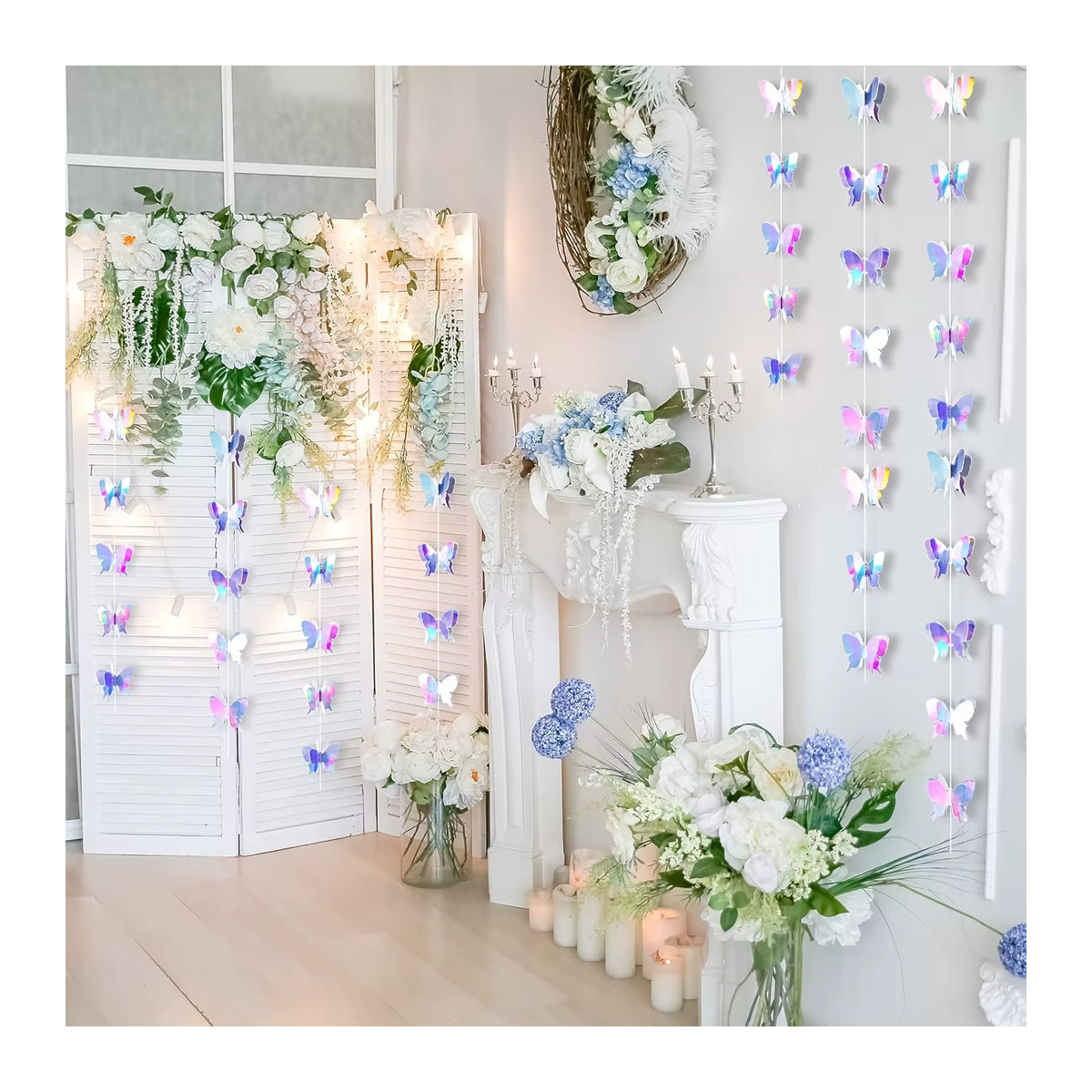 Bunte 3D Schmetterlinge und Blumen als hängende Dekoration aus Papier, 3 m Länge, mehrfarbig und silber - Bild 5