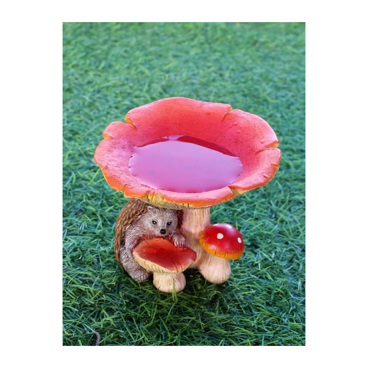 Bunte Igel-Pilz-Vogelfutterstation aus Kunstharz als Gartenskulptur und Wildvogel-Futterstation für den Außenbereich - Bild 7