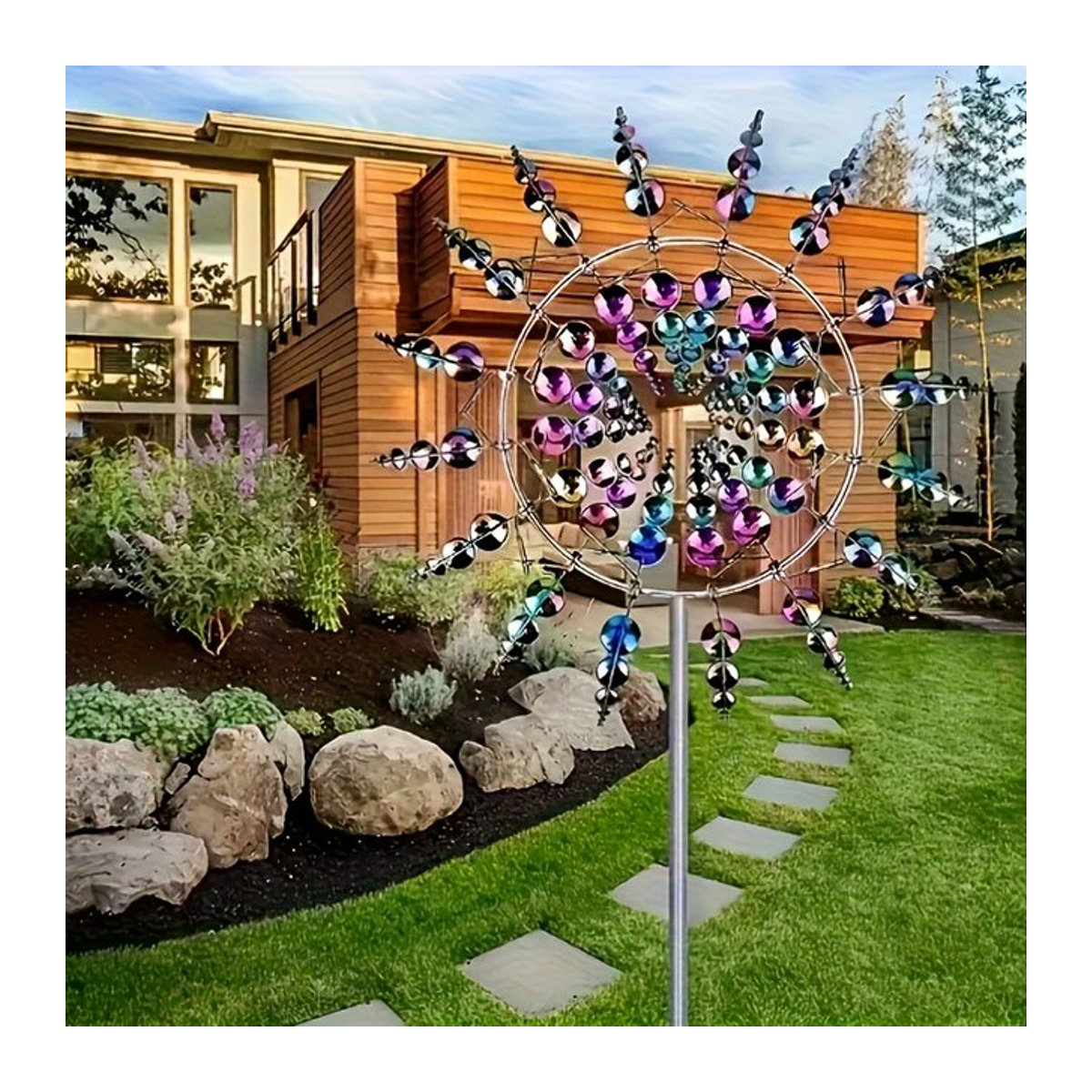 Bunte kinetische Windmühle aus Metall als hängende Gartendekoration und kreativer Rasenkunstspinner - Bild 1