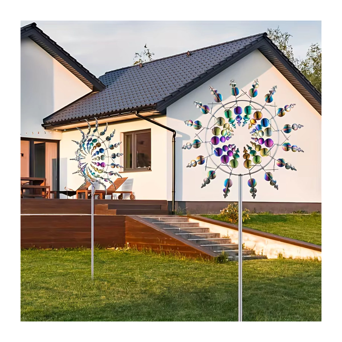 Bunte kinetische Windmühle aus Metall als hängende Gartendekoration und kreativer Rasenkunstspinner - Bild 3