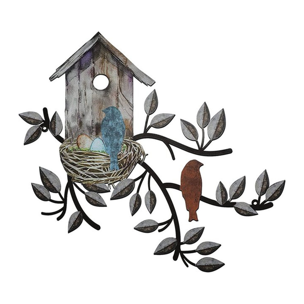 Bunte Metall-Wanddekoration in Baumform mit Vogelhaus für den Außenbereich und Innenbereich im Landhausstil - Bild 1
