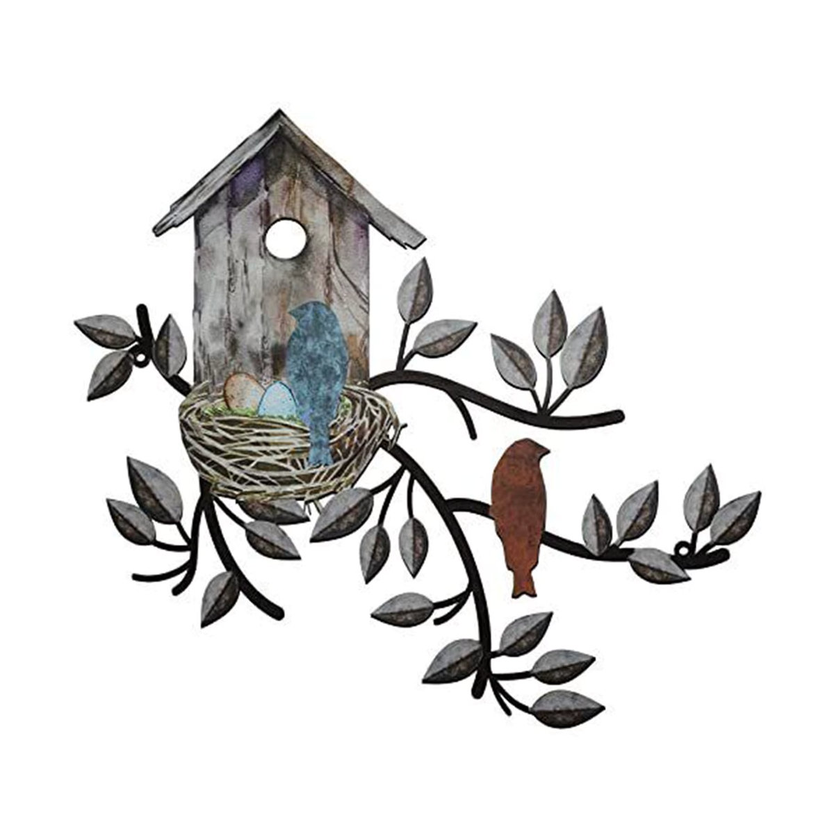 Bunte Metall-Wanddekoration in Baumform mit Vogelhaus für den Außenbereich und Innenbereich im Landhausstil - Bild 2