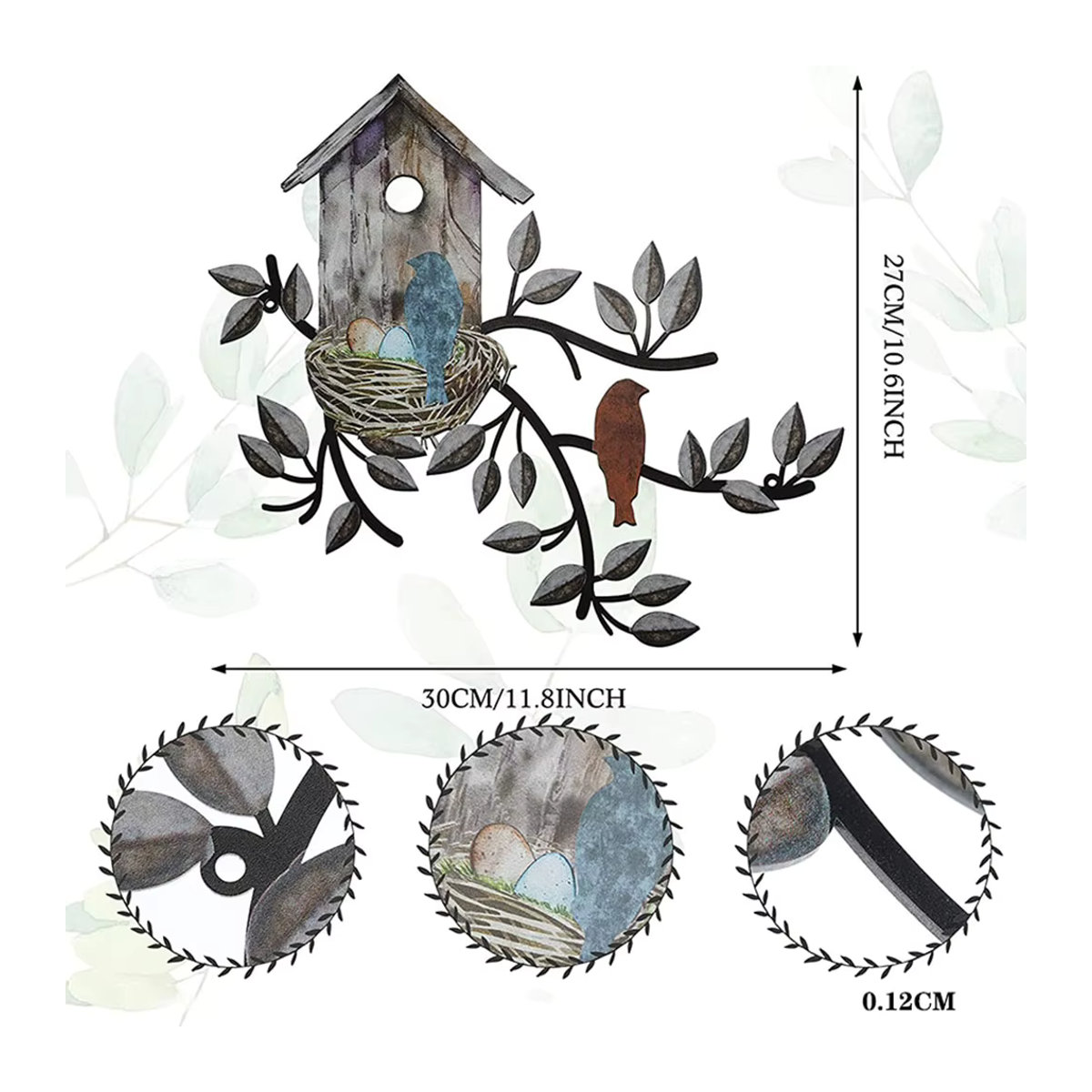 Bunte Metall-Wanddekoration in Baumform mit Vogelhaus für den Außenbereich und Innenbereich im Landhausstil - Bild 3