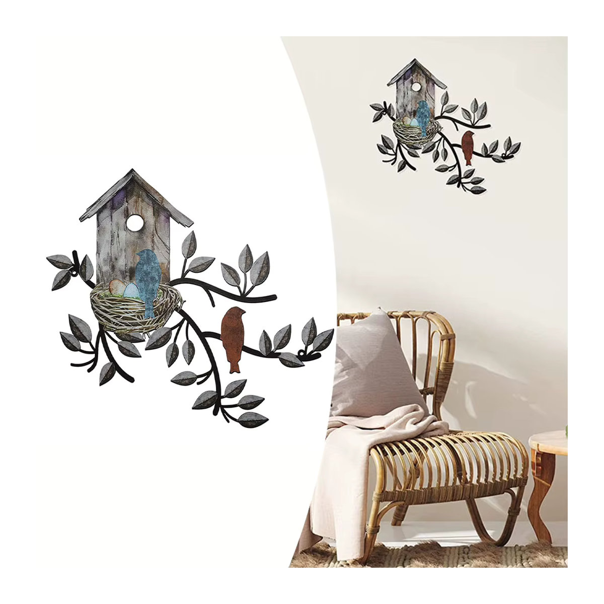 Bunte Metall-Wanddekoration in Baumform mit Vogelhaus für den Außenbereich und Innenbereich im Landhausstil - Bild 6