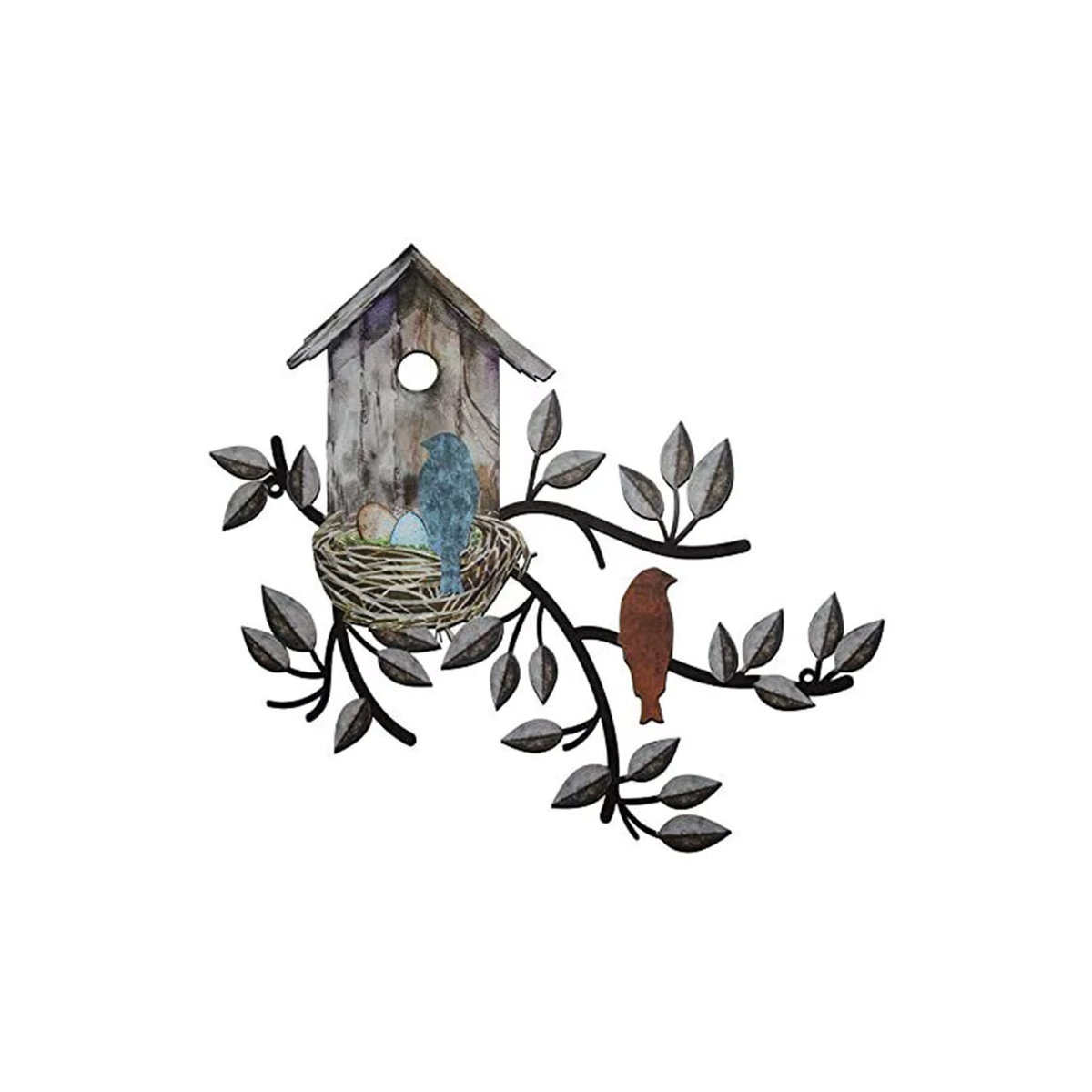 Bunte Metall-Wanddekoration in Baumform mit Vogelhaus für den Außenbereich und Innenbereich im Landhausstil - Bild 7