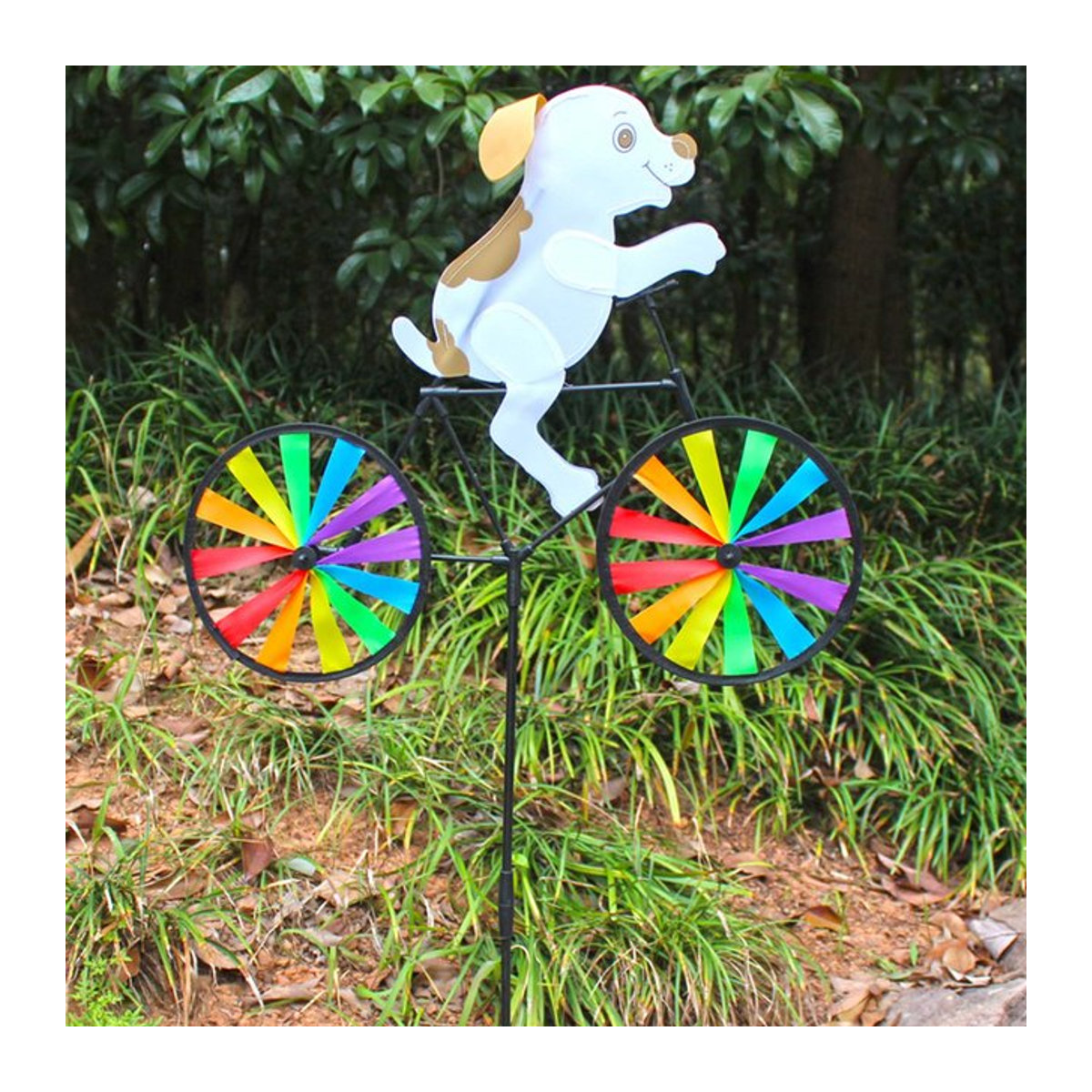 Bunte Windmühle mit 3D-Tier auf dem Fahrrad als Garten-Dekoration aus Metall in Grün und Mehrfarbig - Bild 1