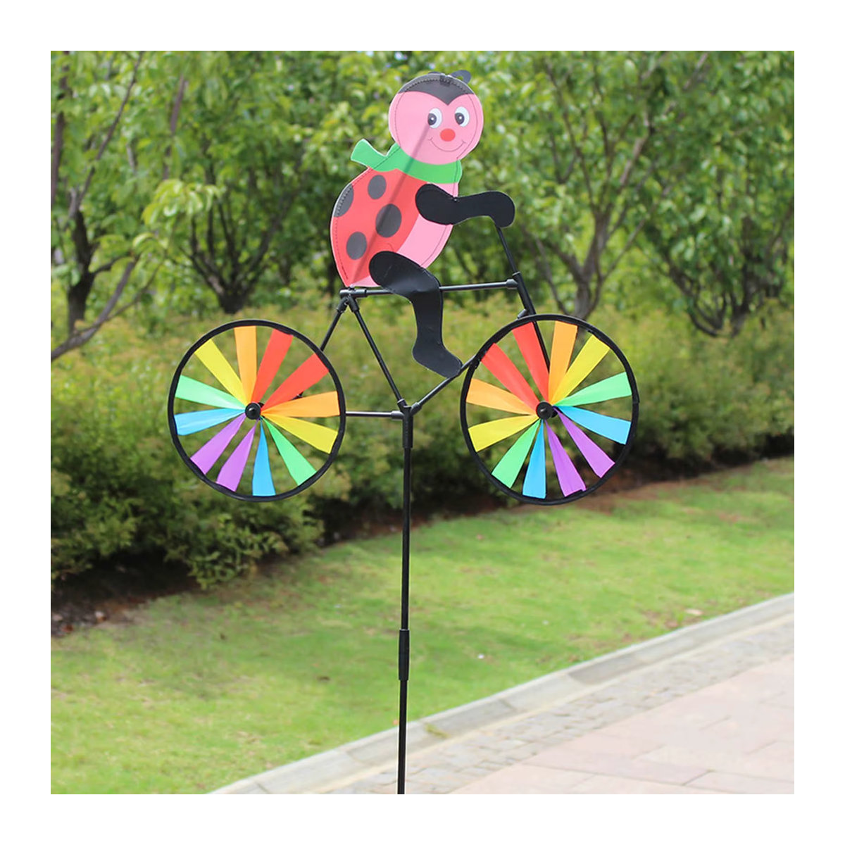 Bunte Windmühle mit 3D-Tier auf dem Fahrrad als Garten-Dekoration aus Metall in Grün und Mehrfarbig - Bild 3