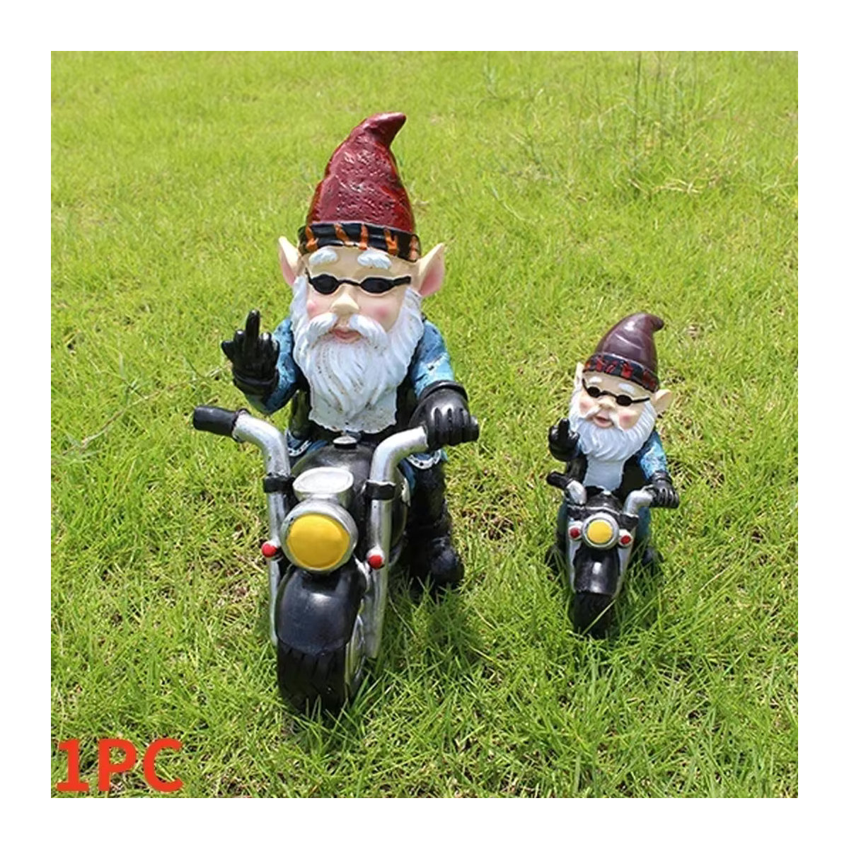 Bunter Gartenzwerg als Dekoration für dein Zuhause: Biker-Gnom auf Motorrad aus Kunstharz - Bild 4