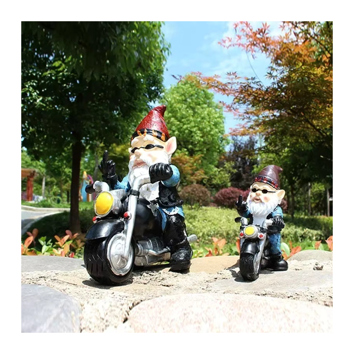 Bunter Gartenzwerg als Dekoration für dein Zuhause: Biker-Gnom auf Motorrad aus Kunstharz - Bild 5