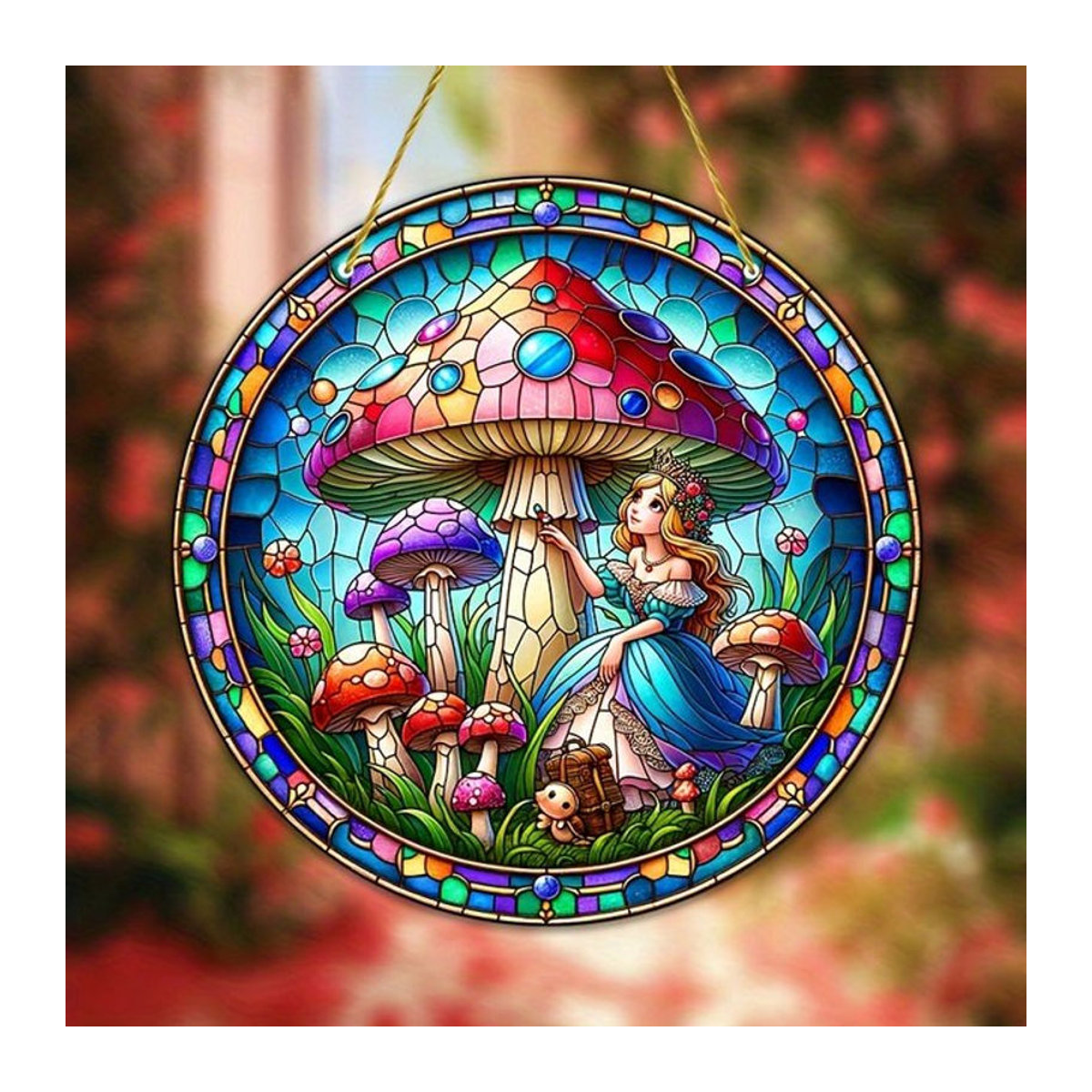 Bunter Glas-Suncatcher mit Prinzessin und Pilz als dekoratives Wandobjekt für Fenster und Wohnräume - Bild 1