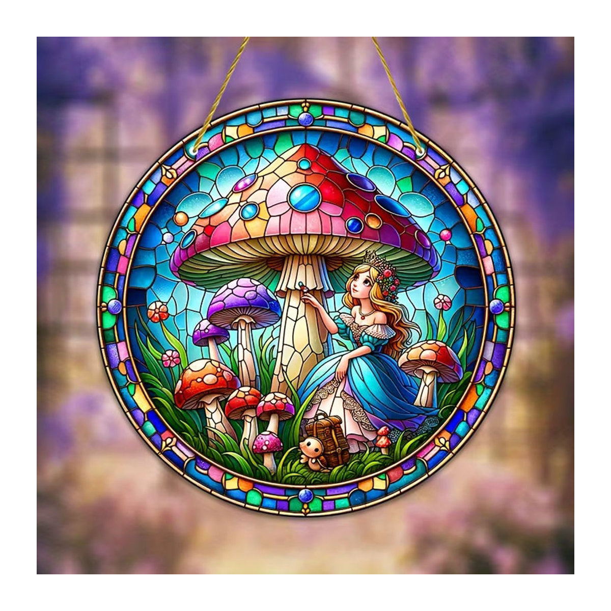 Bunter Glas-Suncatcher mit Prinzessin und Pilz als dekoratives Wandobjekt für Fenster und Wohnräume - Bild 2