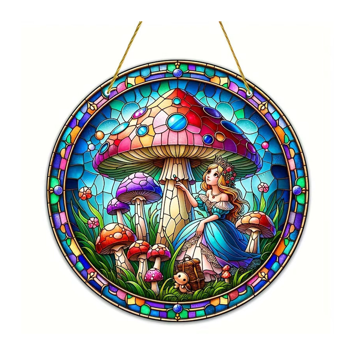 Bunter Glas-Suncatcher mit Prinzessin und Pilz als dekoratives Wandobjekt für Fenster und Wohnräume - Bild 3