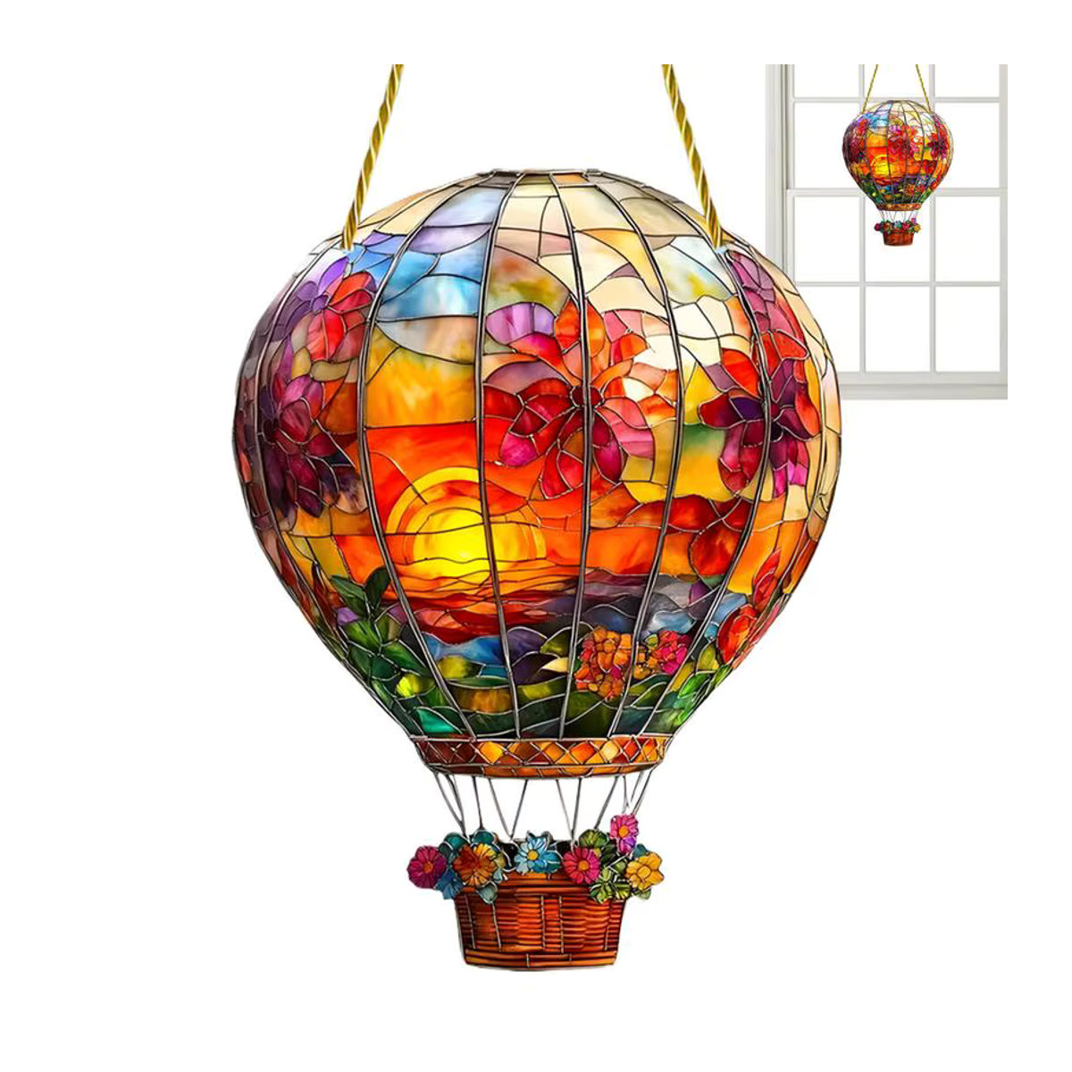 Bunter Heißluftballon Sonnenfänger aus Glas mit Blumen- und Herbstmotiven zum Aufhängen für Garten und Innenbereich, Mehrfarbig - Bild 2