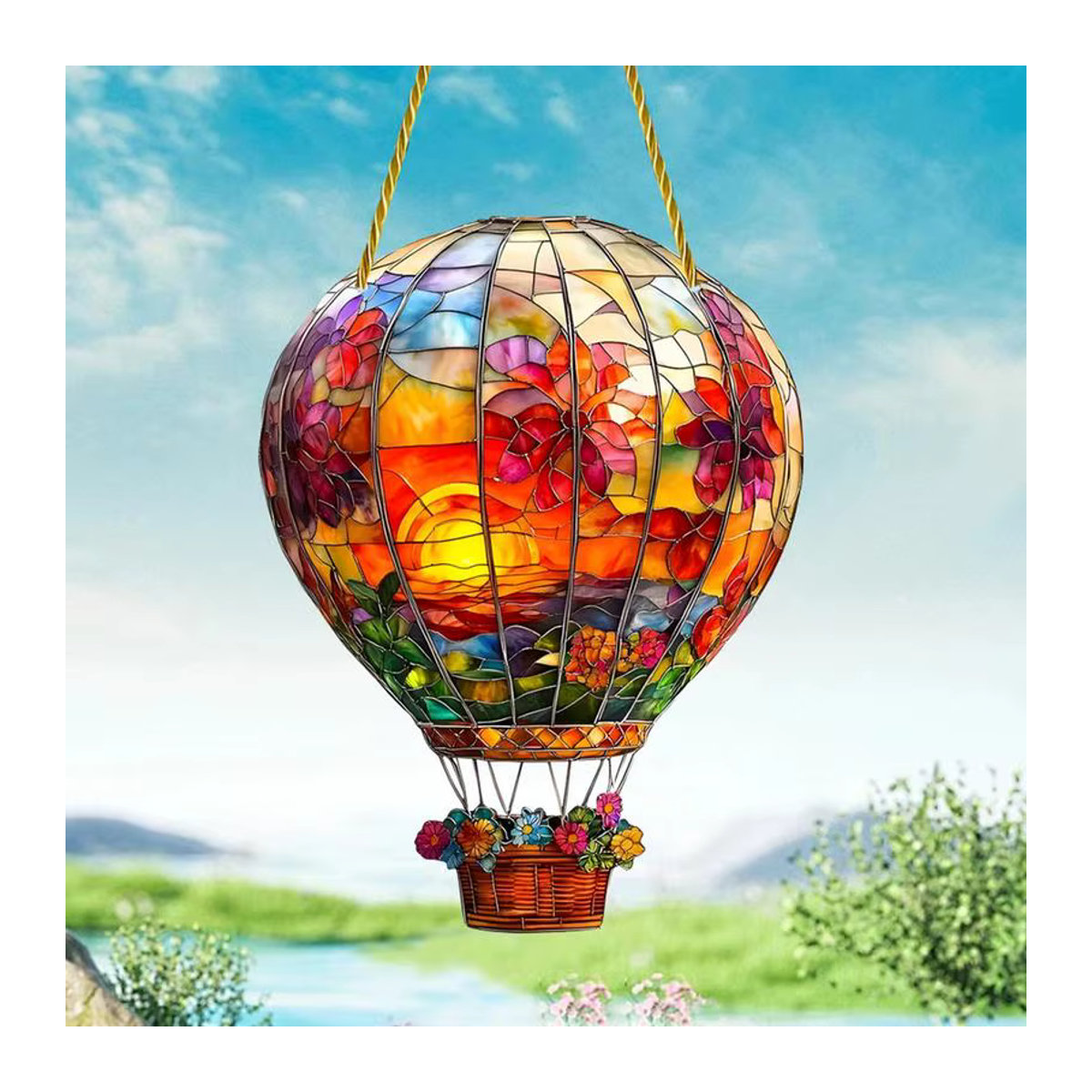 Bunter Heißluftballon Sonnenfänger aus Glas mit Blumen- und Herbstmotiven zum Aufhängen für Garten und Innenbereich, Mehrfarbig - Bild 4