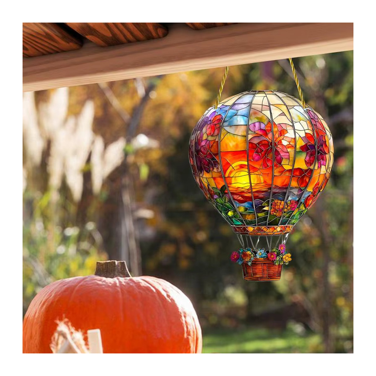 Bunter Heißluftballon Sonnenfänger aus Glas mit Blumen- und Herbstmotiven zum Aufhängen für Garten und Innenbereich, Mehrfarbig - Bild 6