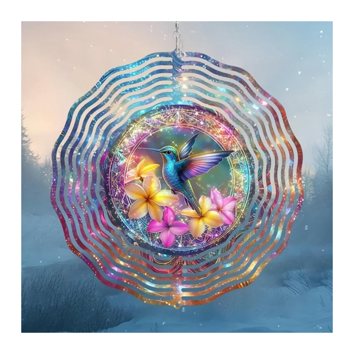 Bunter Kolibri-Windspinner aus Metall als 3D-Kinetikskulptur mit 360 Grad drehbarem Haken im Blumen- und Vogeldesign für den Außenbereich - Bild 1