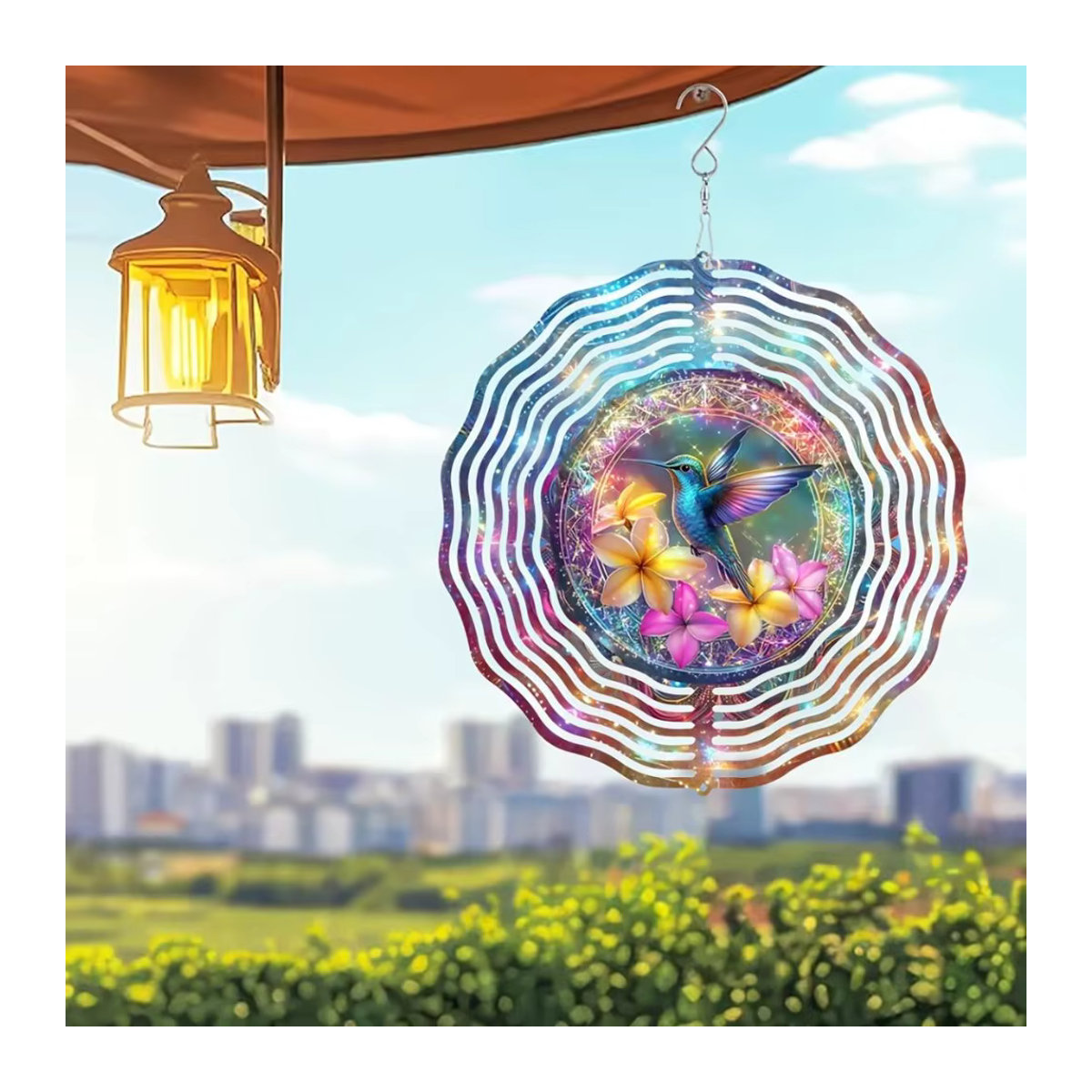 Bunter Kolibri-Windspinner aus Metall als 3D-Kinetikskulptur mit 360 Grad drehbarem Haken im Blumen- und Vogeldesign für den Außenbereich - Bild 3