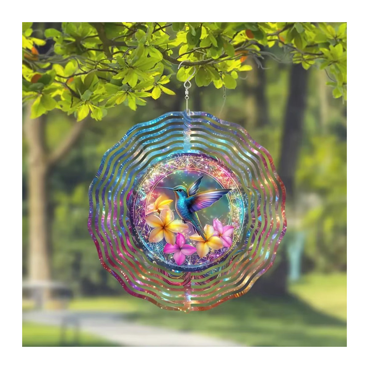 Bunter Kolibri-Windspinner aus Metall als 3D-Kinetikskulptur mit 360 Grad drehbarem Haken im Blumen- und Vogeldesign für den Außenbereich - Bild 4