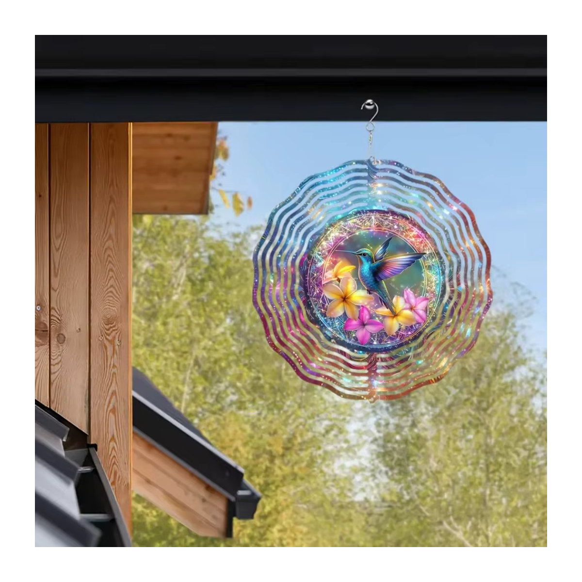 Bunter Kolibri-Windspinner aus Metall als 3D-Kinetikskulptur mit 360 Grad drehbarem Haken im Blumen- und Vogeldesign für den Außenbereich - Bild 5