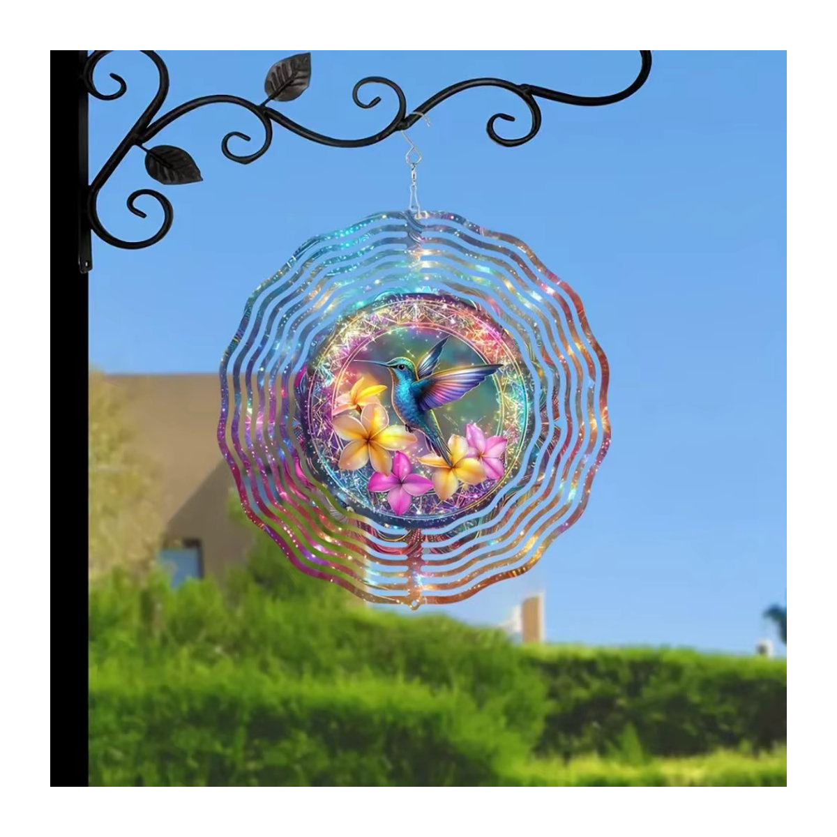 Bunter Kolibri-Windspinner aus Metall als 3D-Kinetikskulptur mit 360 Grad drehbarem Haken im Blumen- und Vogeldesign für den Außenbereich - Bild 6