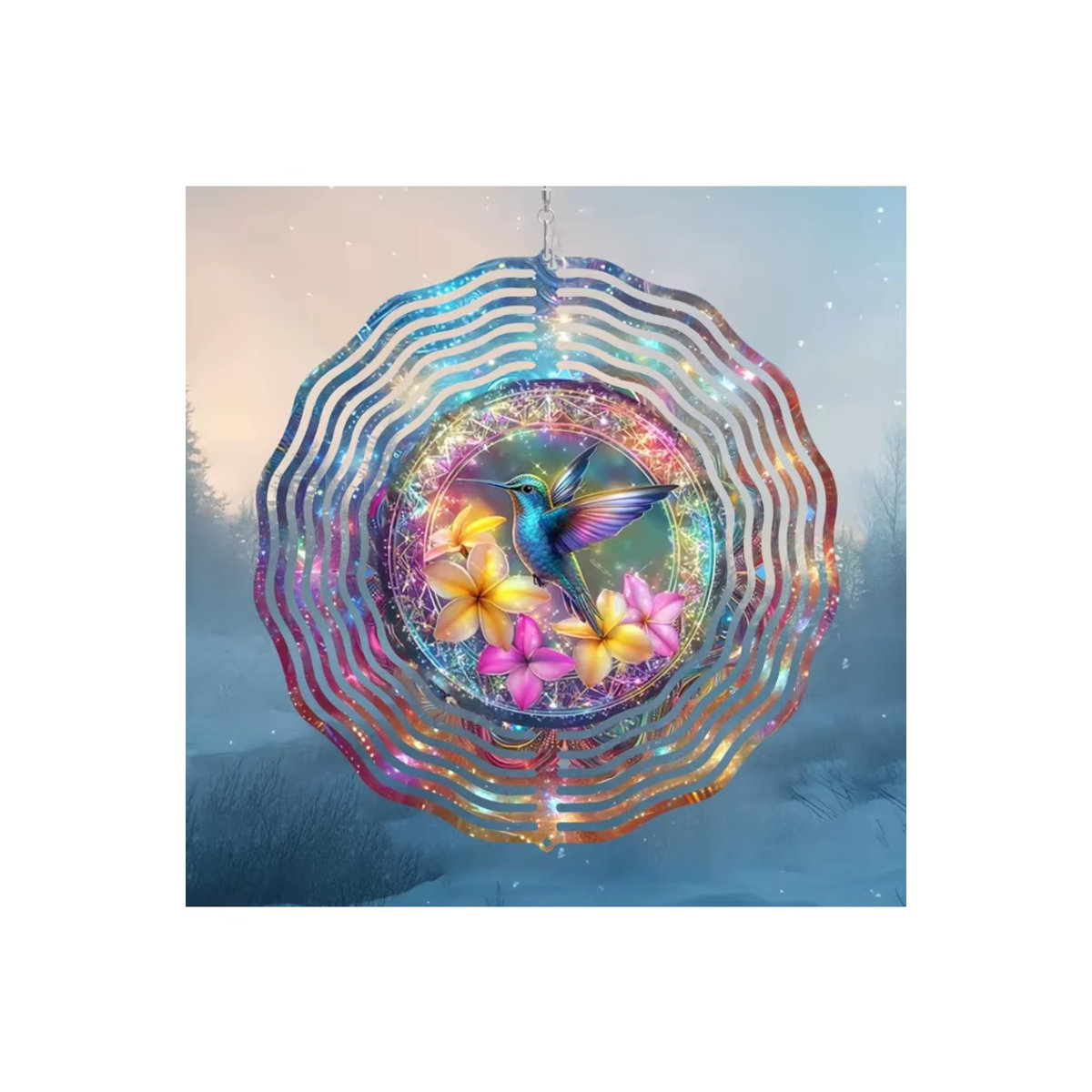 Bunter Kolibri-Windspinner aus Metall als 3D-Kinetikskulptur mit 360 Grad drehbarem Haken im Blumen- und Vogeldesign für den Außenbereich - Bild 7