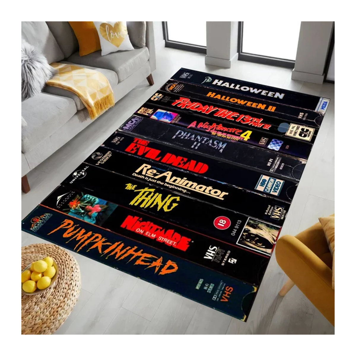 Bunter Retro-Teppich im VHS-Horrorfilm-Design für dein Wohnzimmer, rutschfester Kunstteppich in Mehrfarbig - Bild 1