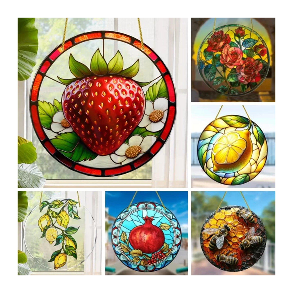 Bunter Sun Catcher aus Acrylglas mit Obstmotiven Granatapfel Zitrone und Traube als hängendes Wandornament für deine Dekoration - Bild 1