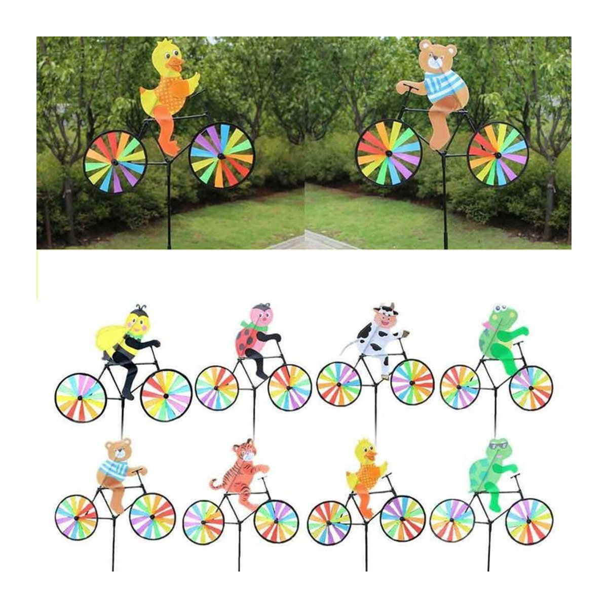 Bunter Tier-Fahrrad Windspinner als Gartenwindmühle für den Außenbereich und Rasen zur Dekoration - Bild 1