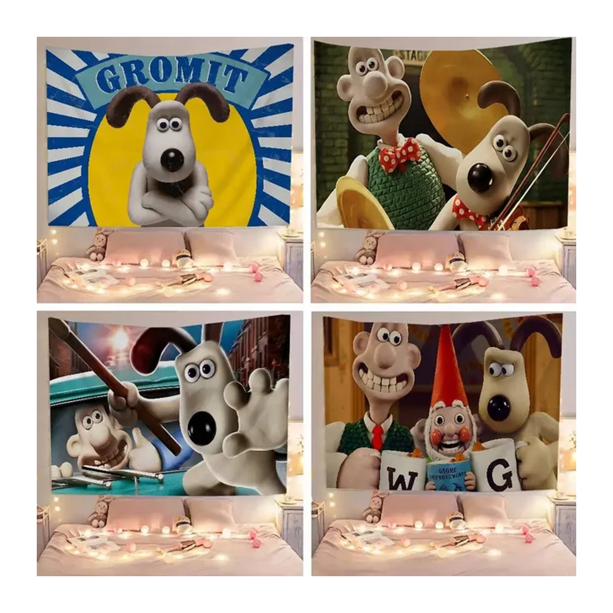 Bunter Wandteppich mit W-Walce und G-Gromit Cartoon Motiv im Bohemian-Stil, rechteckiger Wandbehang mit Mandala und floralen Blättern, mehrfarbig, B/H: 70 x 70 cm - Bild 1