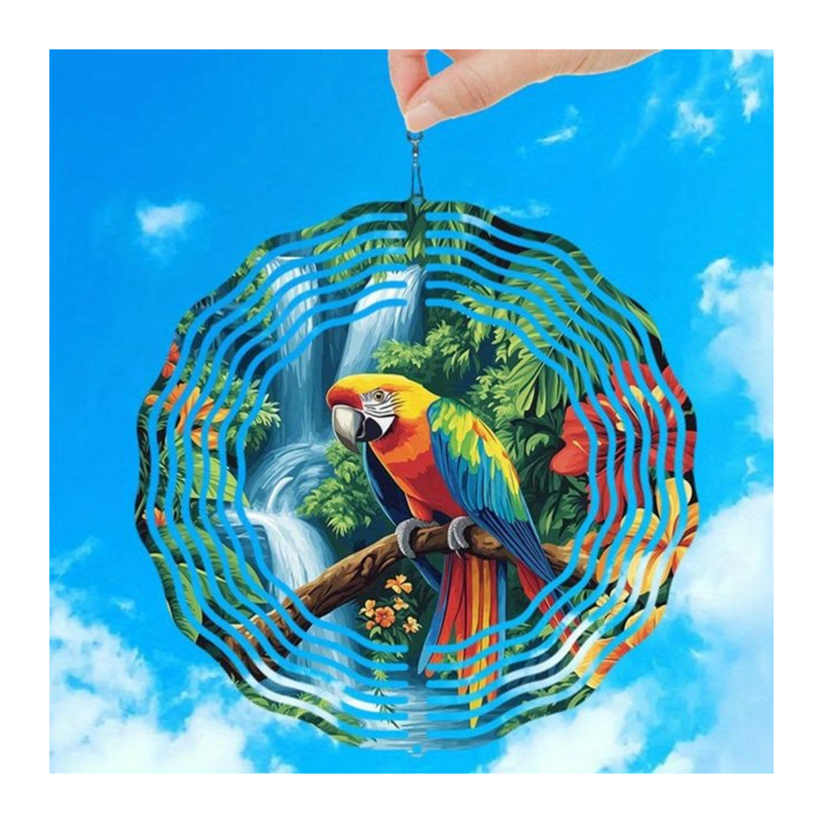Buntes 3D-Windspiel aus Metall im Tropenregenwald-Design mit Papageien und Glockenspiel zur Gartendekoration - Bild 1