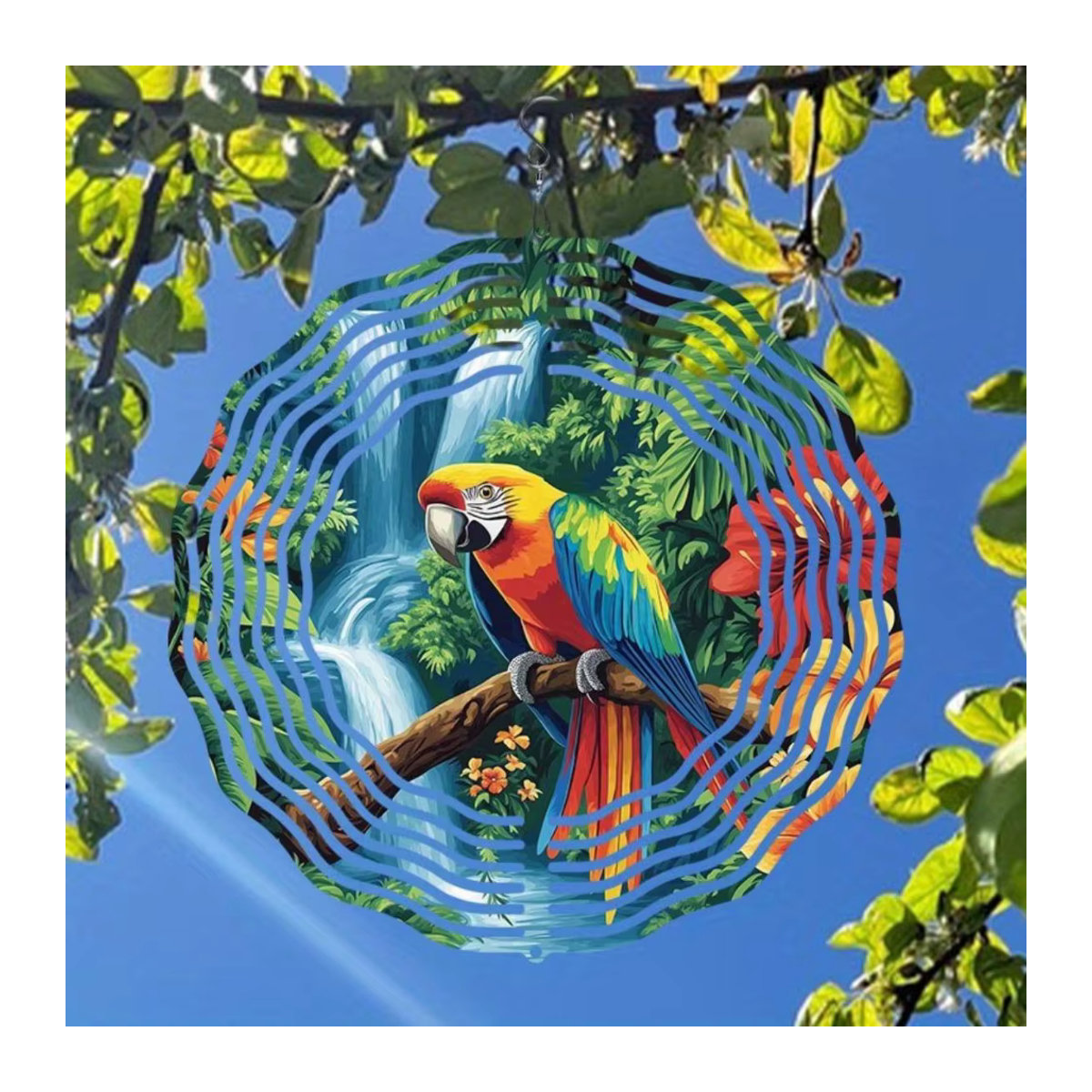 Buntes 3D-Windspiel aus Metall im Tropenregenwald-Design mit Papageien und Glockenspiel zur Gartendekoration - Bild 3