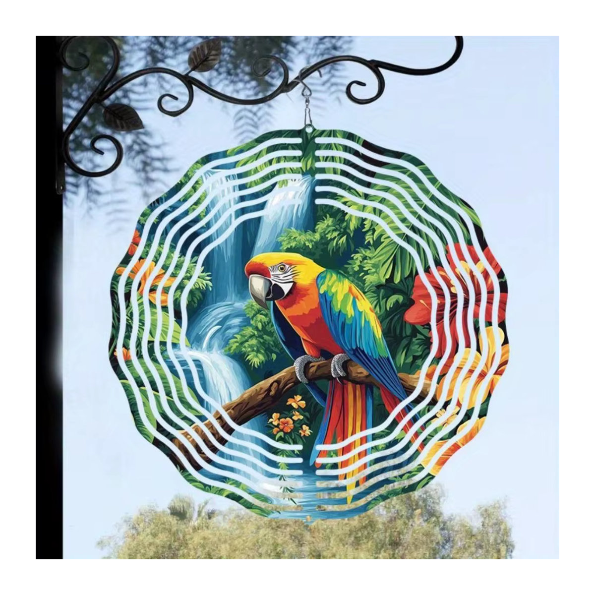 Buntes 3D-Windspiel aus Metall im Tropenregenwald-Design mit Papageien und Glockenspiel zur Gartendekoration - Bild 5