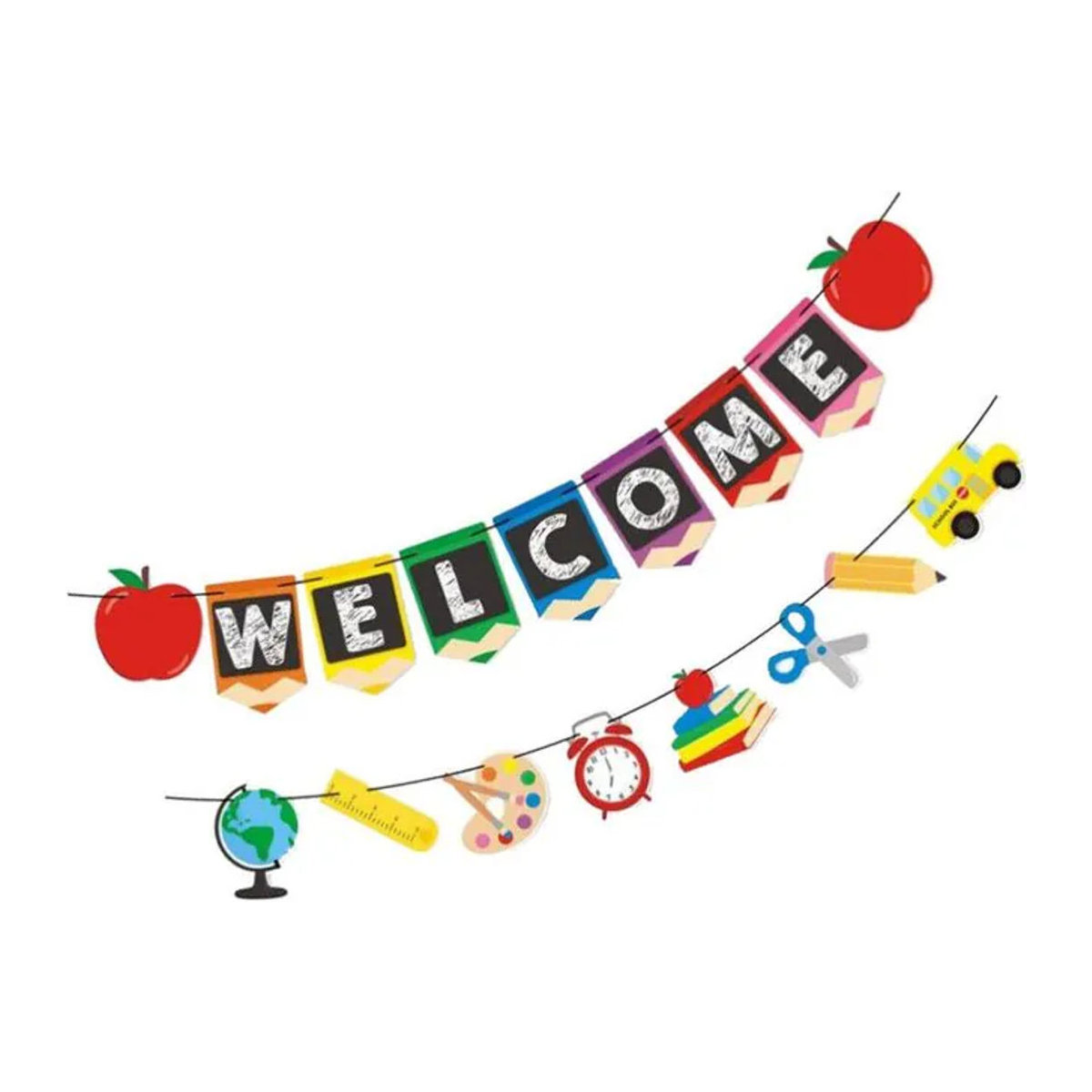 Buntes Back to School Banner mit Blumen und Buchstaben als hängende Papier-Dekoration für den Schulanfang - Bild 1