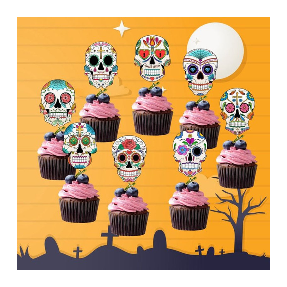 Buntes Halloween Schädel Banner aus Papier als hängende Dekoration und Kuchen Topper für deine Party - Bild 1