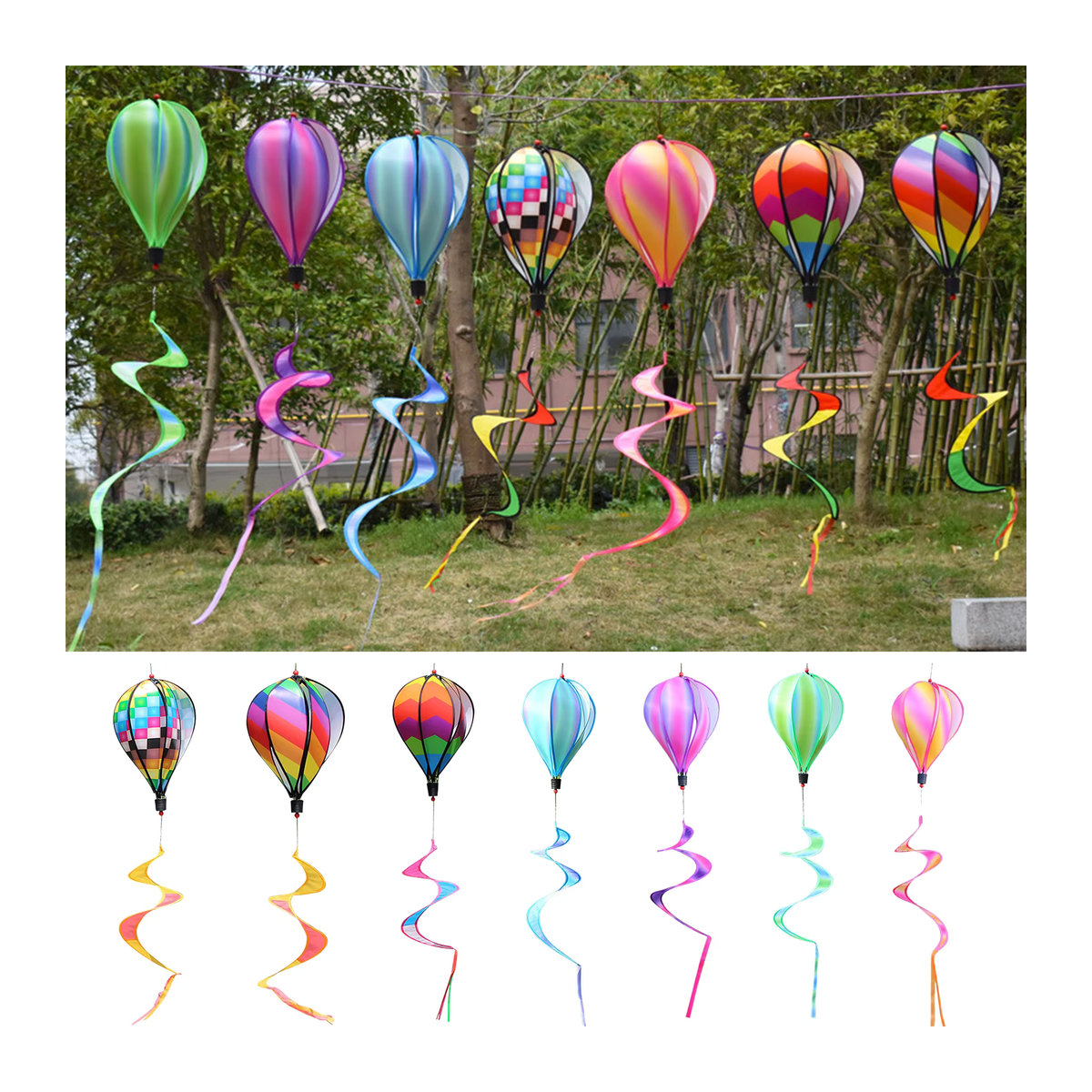 Buntes Heißluftballon-Windspiel aus Kunststoff als geometrische kinetische Hängedekoration in Mehrfarbig - Bild 2