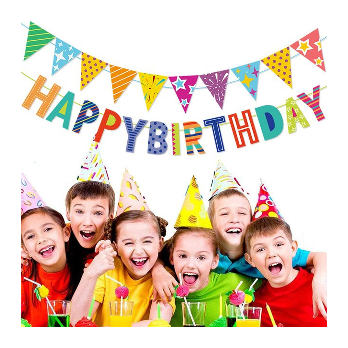 Buntes Papier-Geburtstagsbanner Alles Gute zum Geburtstag mit Dreiecks-Wimpeln für Kinderpartys in Mehrfarbig - Bild 1