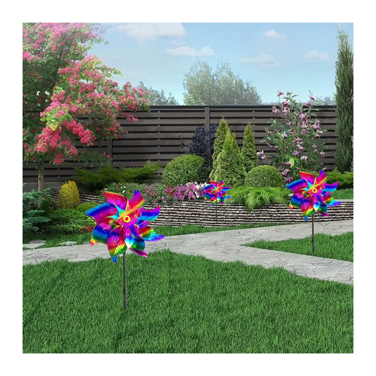 Buntes Windrad mit Pfählen als Vogelschutz und Gartendekoration - Bild 4