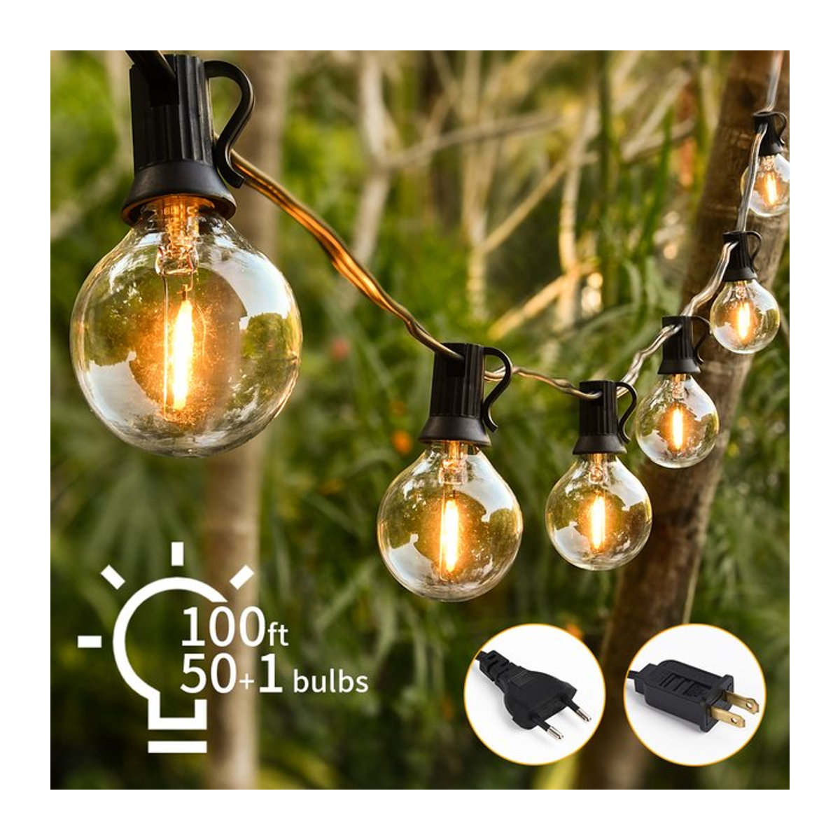 Burhui LED Retro Lichterkette mit G40 Glas Glühbirnen Schwarz 30m für Garten und Terrasse - Bild 1