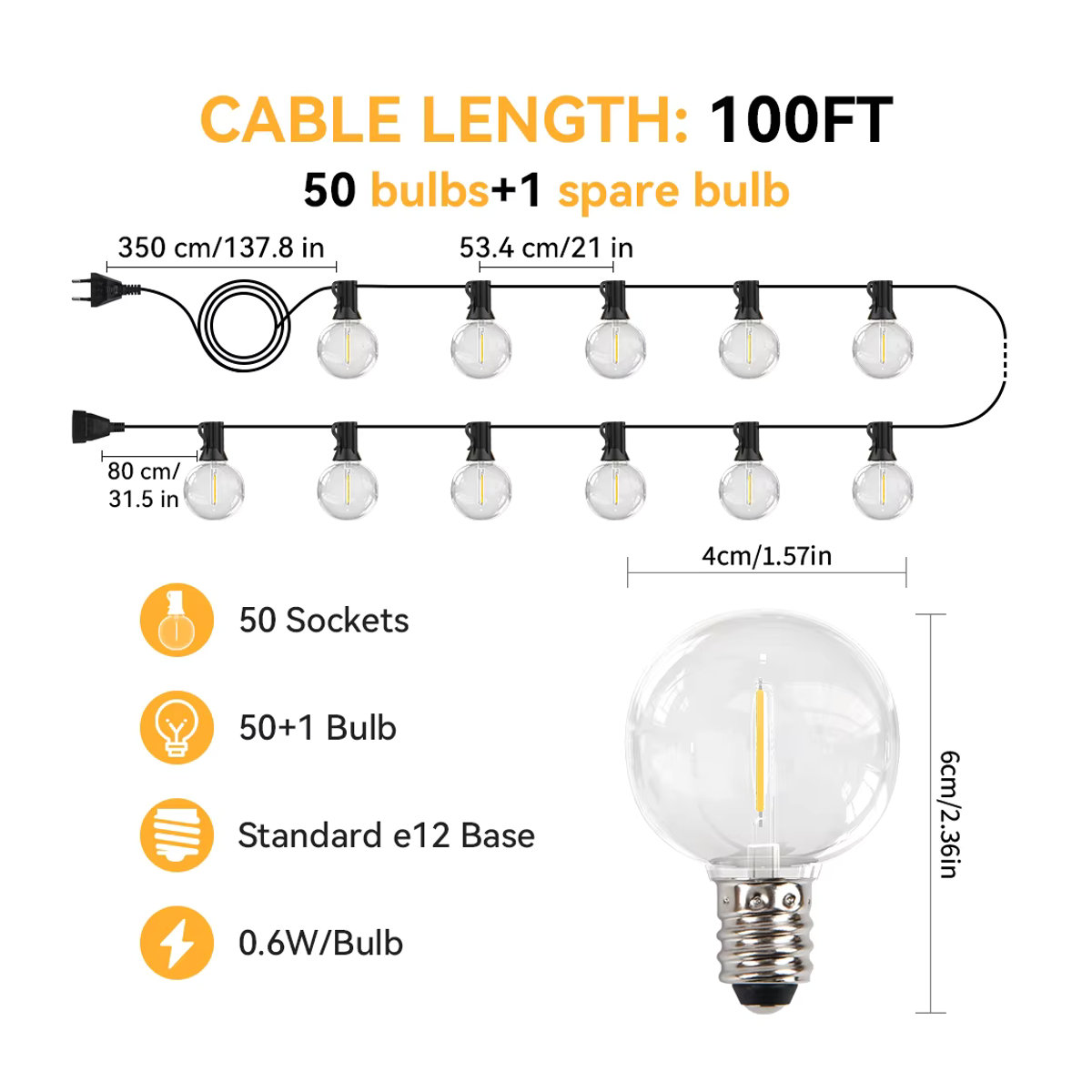 Burhui LED Retro Lichterkette mit G40 Glas Glühbirnen Schwarz 30m für Garten und Terrasse - Bild 3