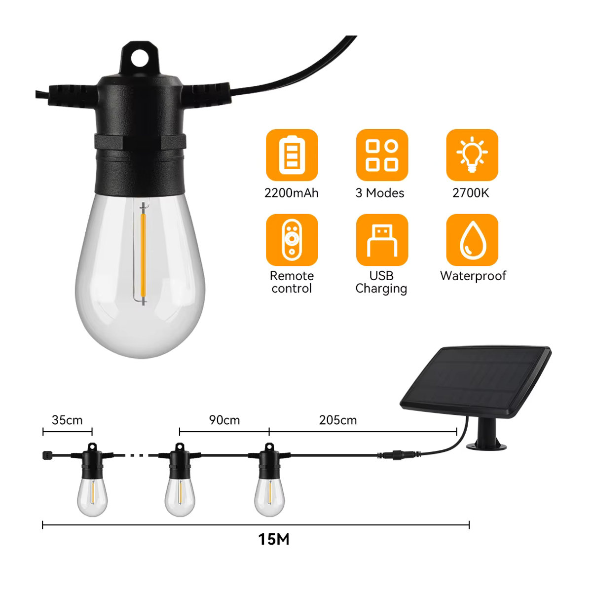 Burhui S14 Solar LED Lichterkette Retro Schwarz Wasserdichte Outdoor Girlande für Garten und Hinterhof - Bild 2