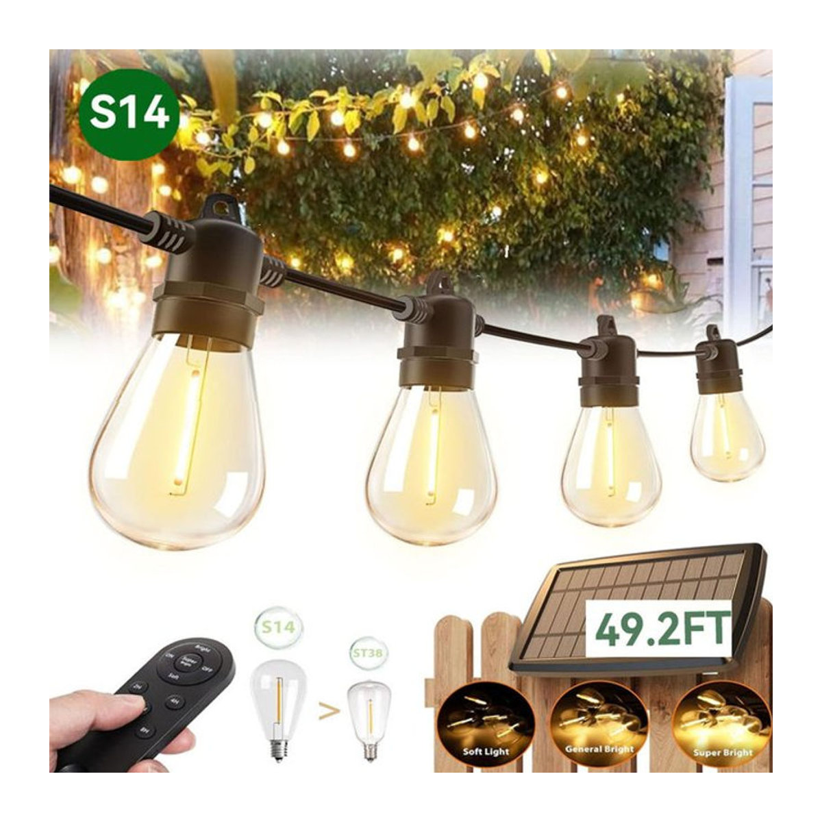 Burhui S14 Solar-Lichterkette für den Außenbereich in Schwarz mit Fernbedienung, wasserdicht und bruchsicher, 15 Meter - Bild 1